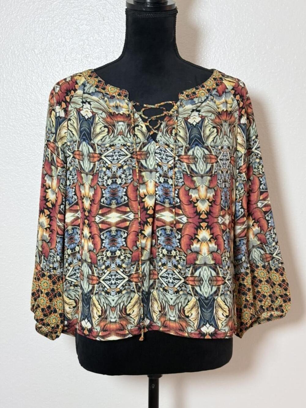 Figueroa & Flower Boho Peasant Blouse Mixed Print Size PL
